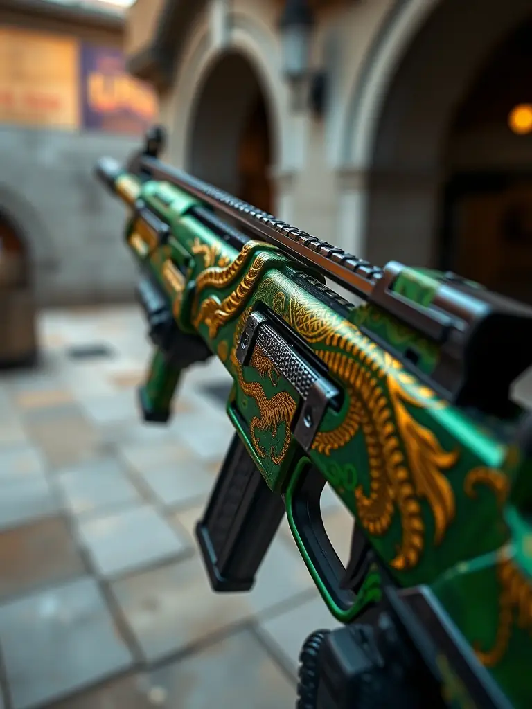 A close-up shot of the Dragon Lore AWP skin in CS:GO, highlighting its intricate dragon design and vibrant colors, set against a blurred in-game background.