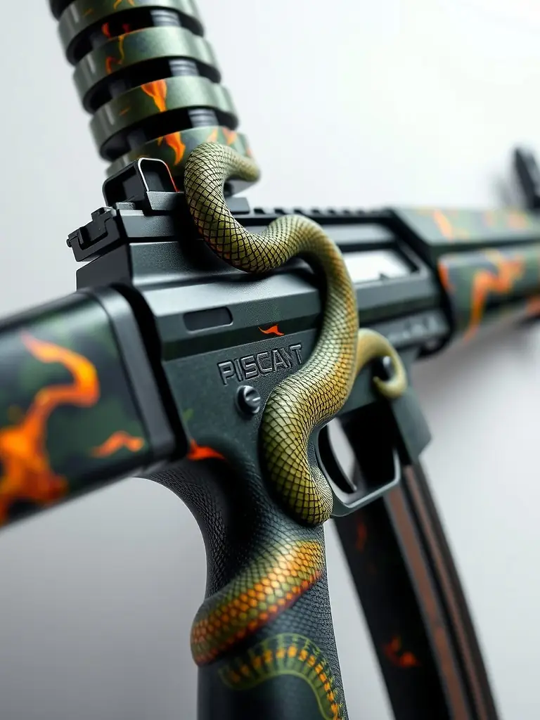 A close-up of the Fire Serpent AK-47 skin in CS:GO, showcasing its fiery serpent design with bright reds, oranges, and yellows, creating a dynamic and aggressive look.
